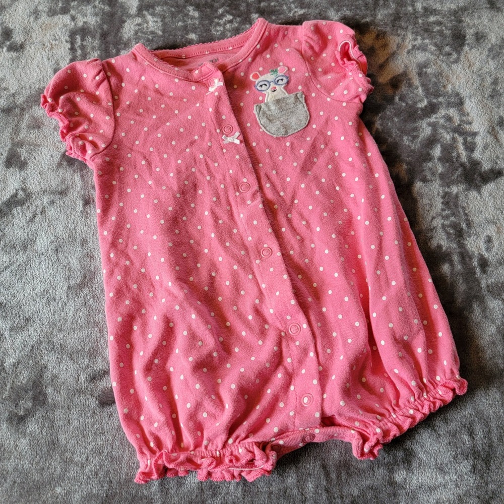 Carter's Bubble Romper Baby Girl 9M Pink Polka Dot Excellent Mouse Snap 856